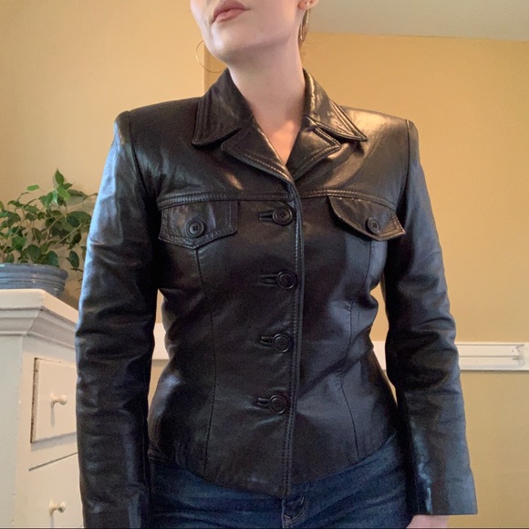 Vintage 80/90s Cropped Black Leather Blazer Jacket - Picture 6 of 7